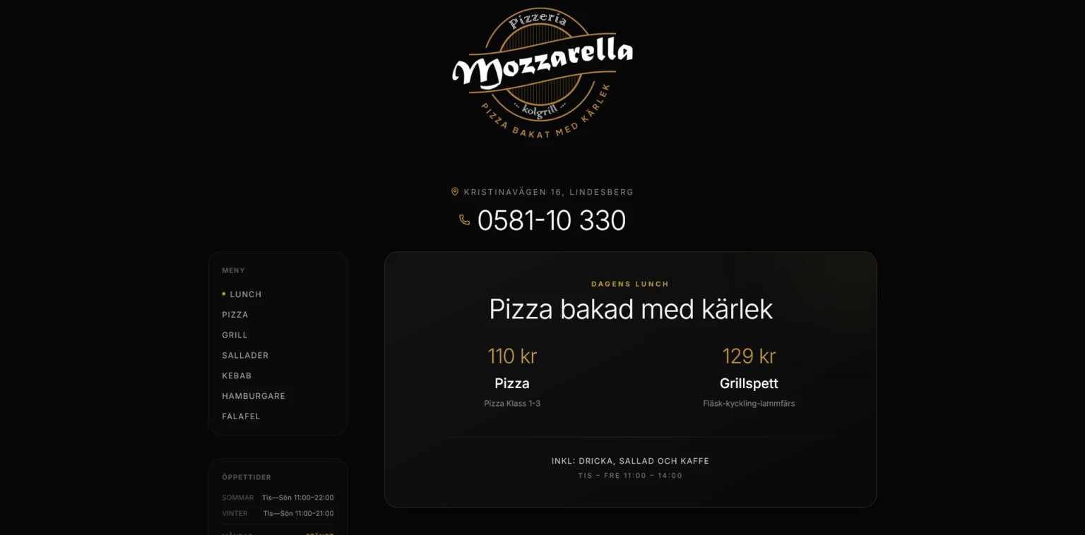 Webbplats för Mozzarella Pizzeria